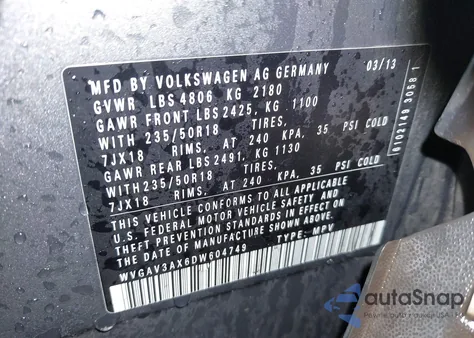 2013 Volkswagen Tiguan Se from USA, damaged, VIN WVGAV3AX6DW604749